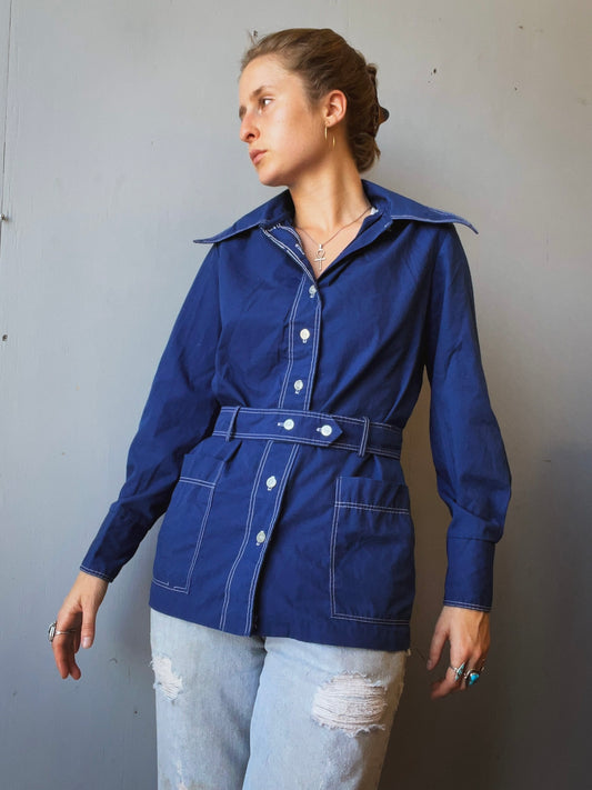 Vintage 1960s/70s Navy Belted Button-Up Shirt | Medium