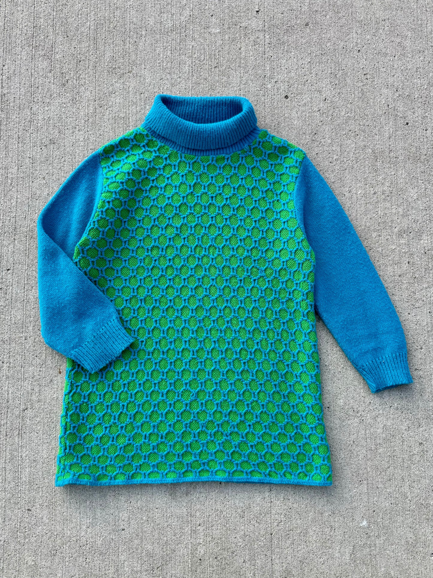 Vintage 1960s Beeline Blue & Green Textured Knit Turtleneck | Small