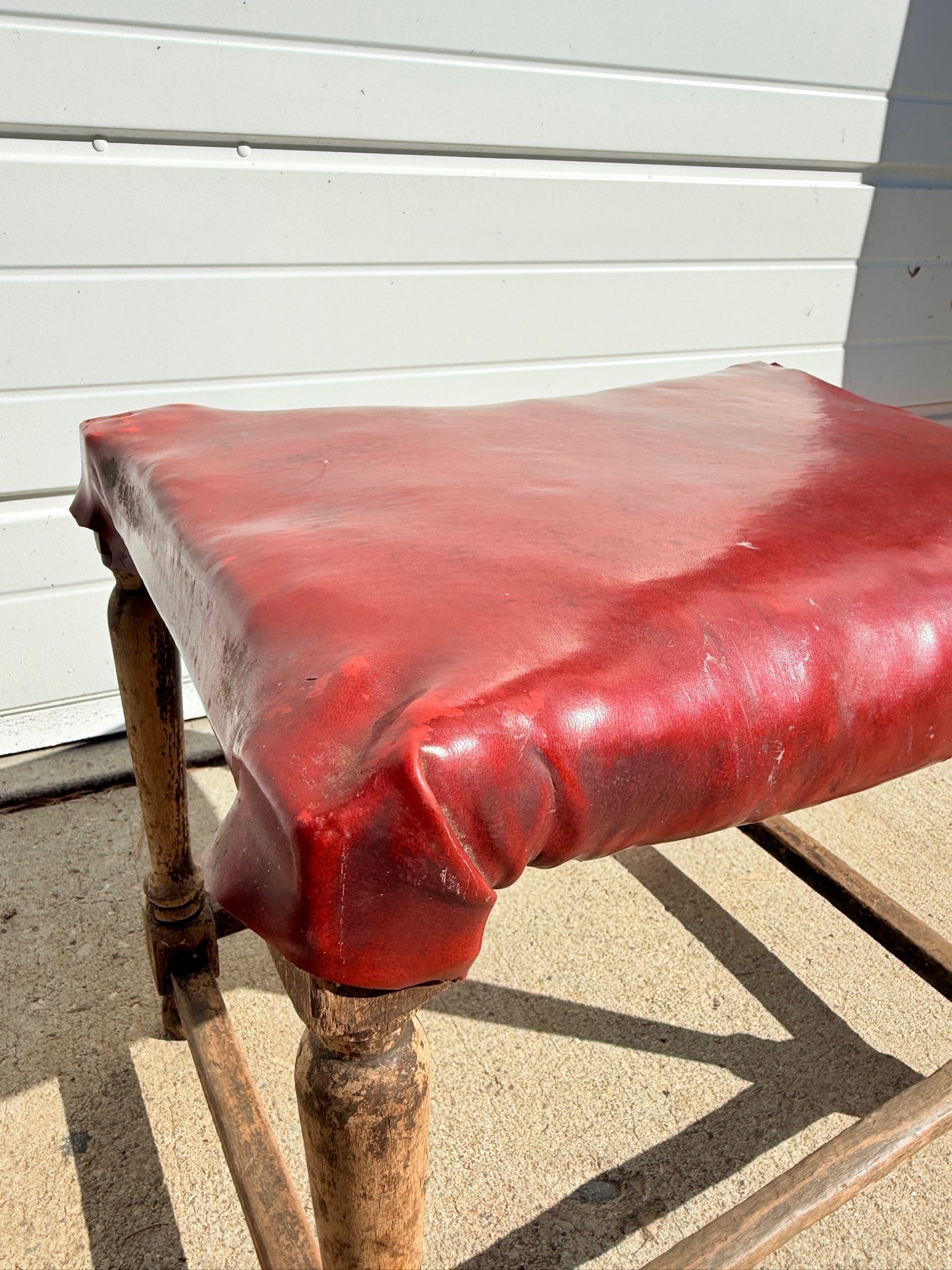 Antique French-Style Rustic Turned Leg Upholstered Footstool