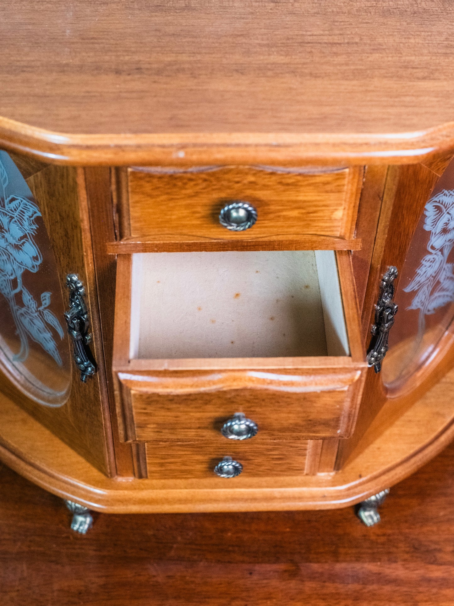 Vintage 1960s London Leather Wooden Mirrored Double Door Clawfoot Jewelry Box