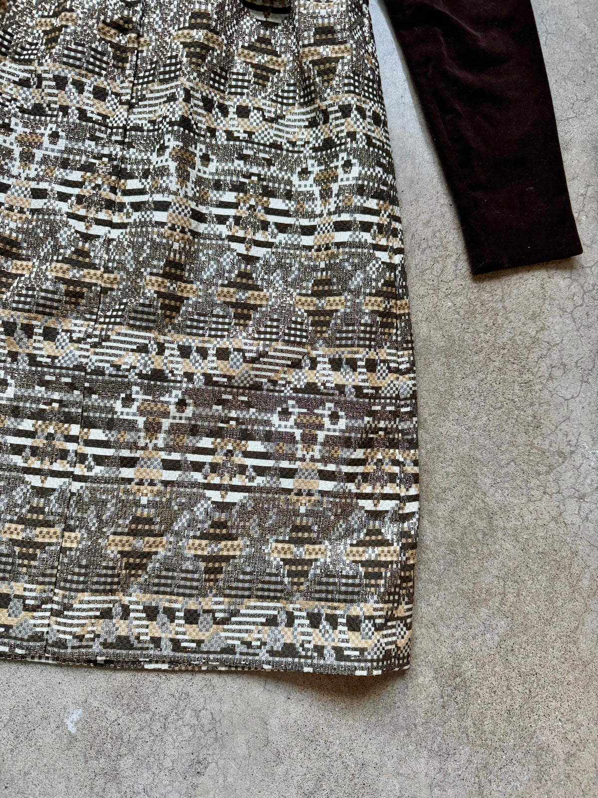Vintage 1960s Eleanor Brenner Couture Brown Velvet & Gold Jacquard Skirt Long Sleeve Dress | Small