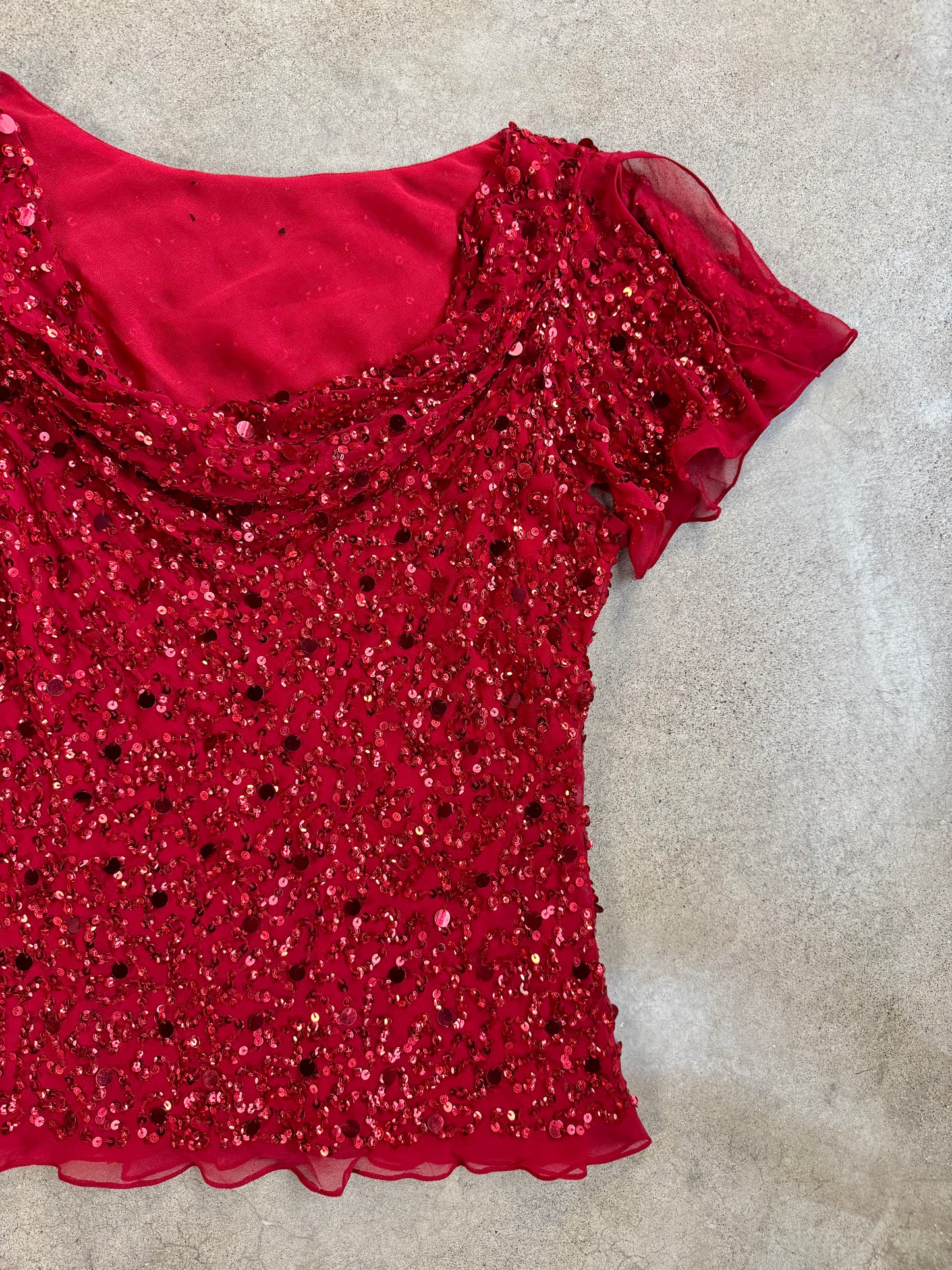 Vintage 1980s Red Sequined Silk Cowl-Neck Top | Medium