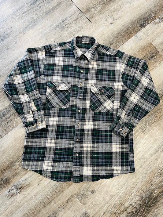 Vintage 1990s Green Plaid Cotton Flannel Shirt | Large