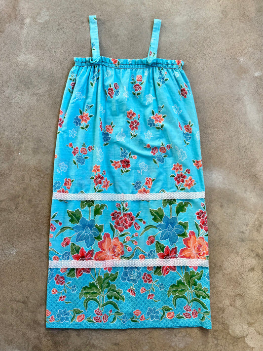 Vintage 1960s Blue Floral Lace Trim Sleeveless Midi Dress | Small