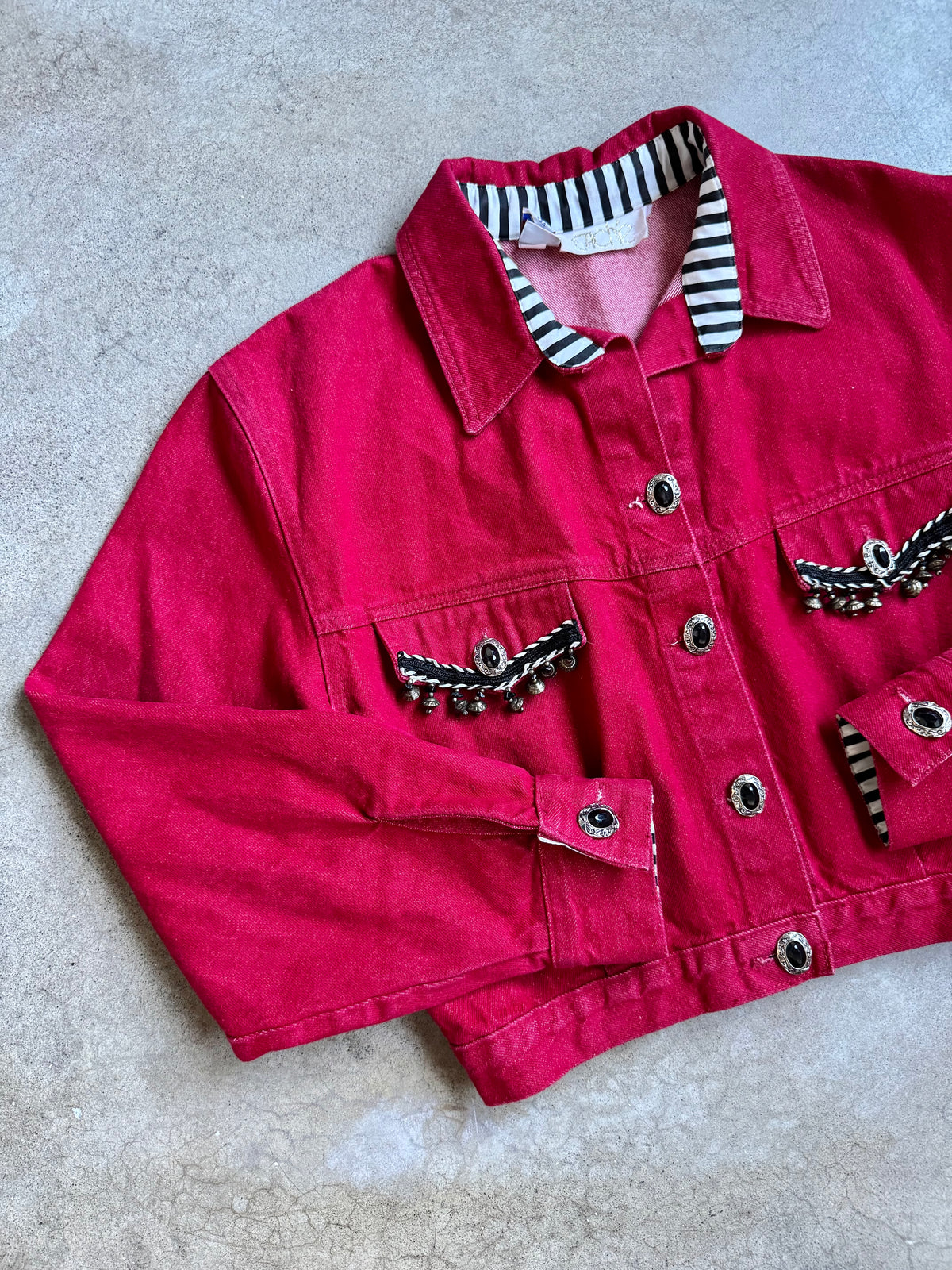 Vintage 1980s Caché Beaded Red Cropped Denim Jacket | Medium