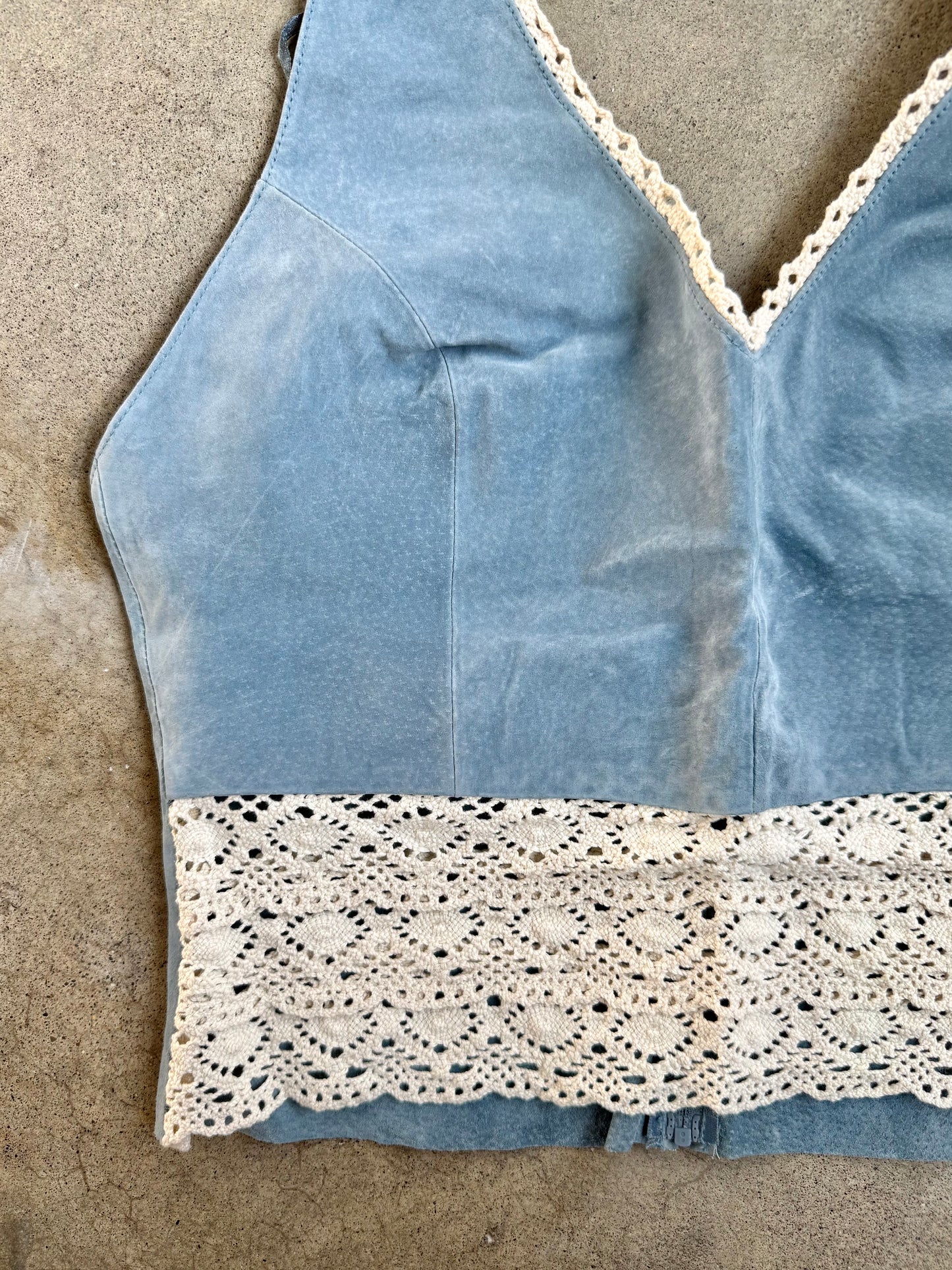 Vintage 1990s Wilsons Leather Blue Suede Crochet Trim Halter Top | Large