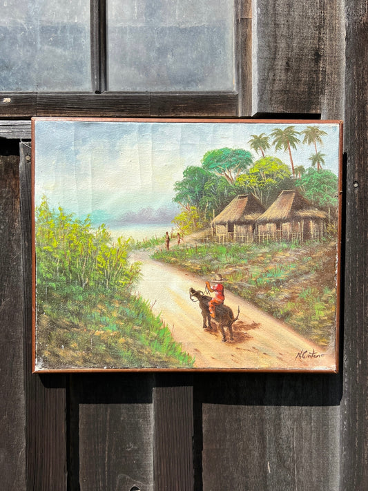 Vintage 1960s Wood Framed Signed South American Oil on Canvas