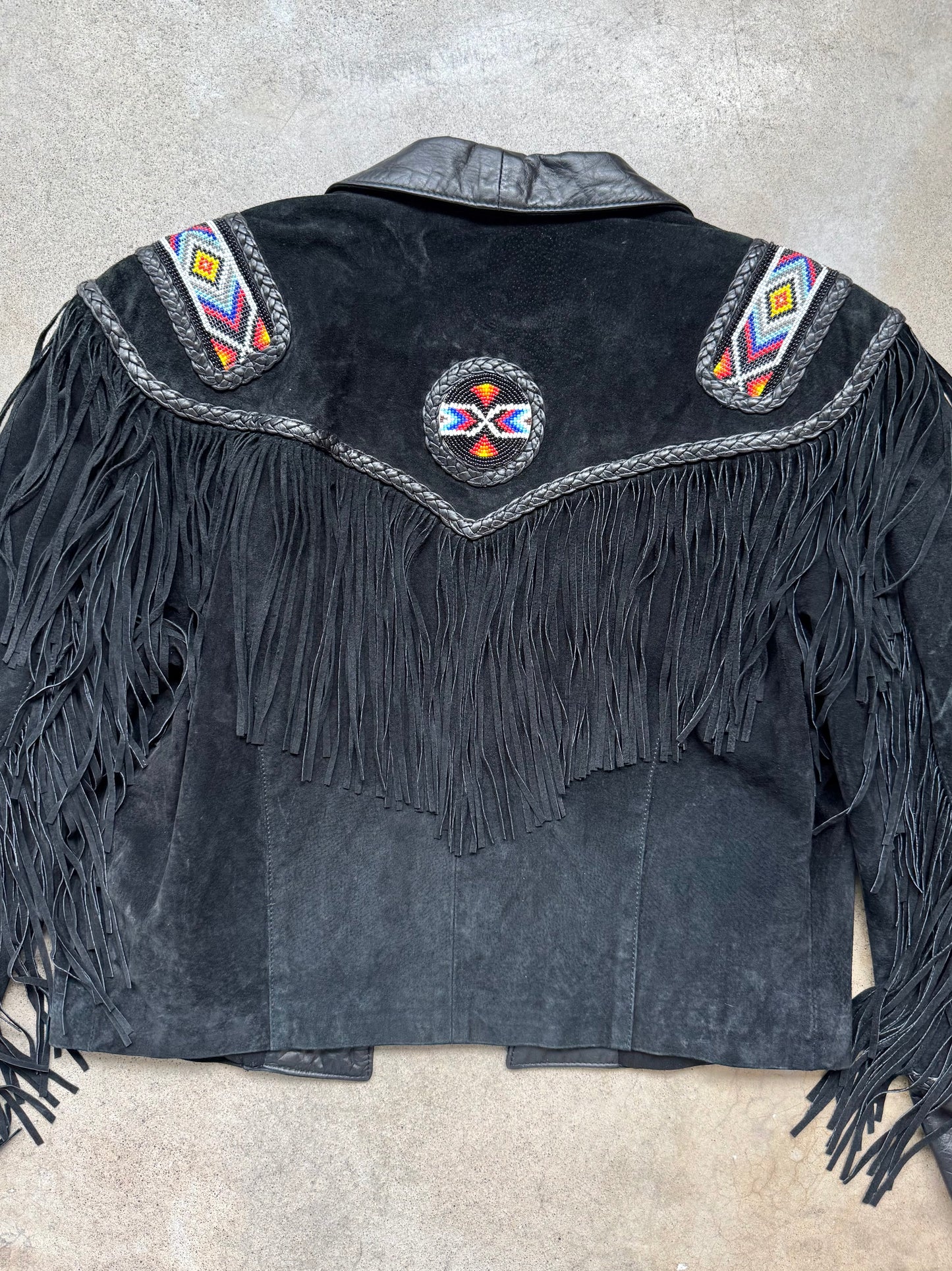 Vintage 1980s Frontier Collection Black Suede Leather Beaded Fringe Western Jacket | Medium