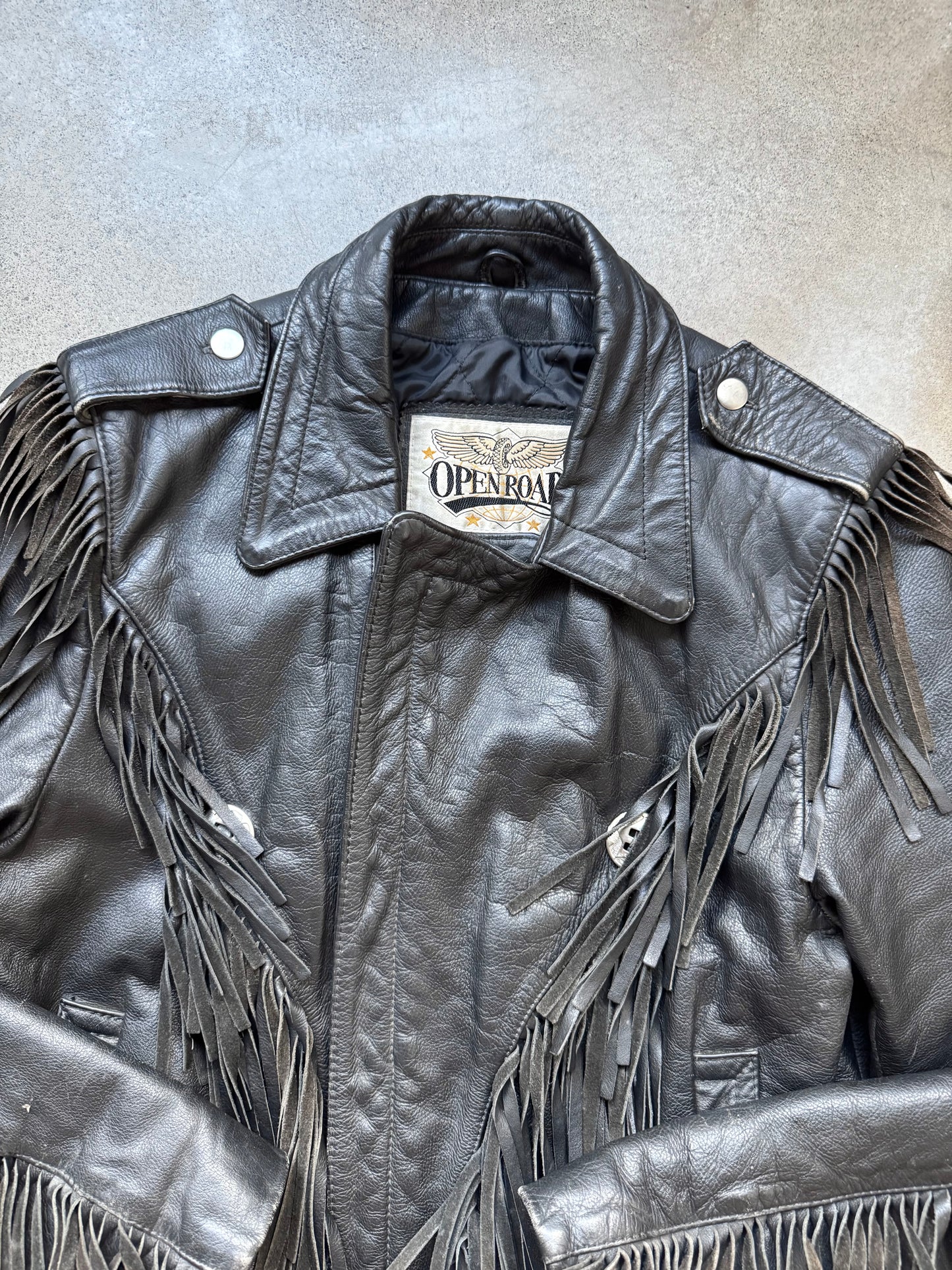 Vintage 1980s Open Road Black Leather Western Fringe Biker Jacket | 40