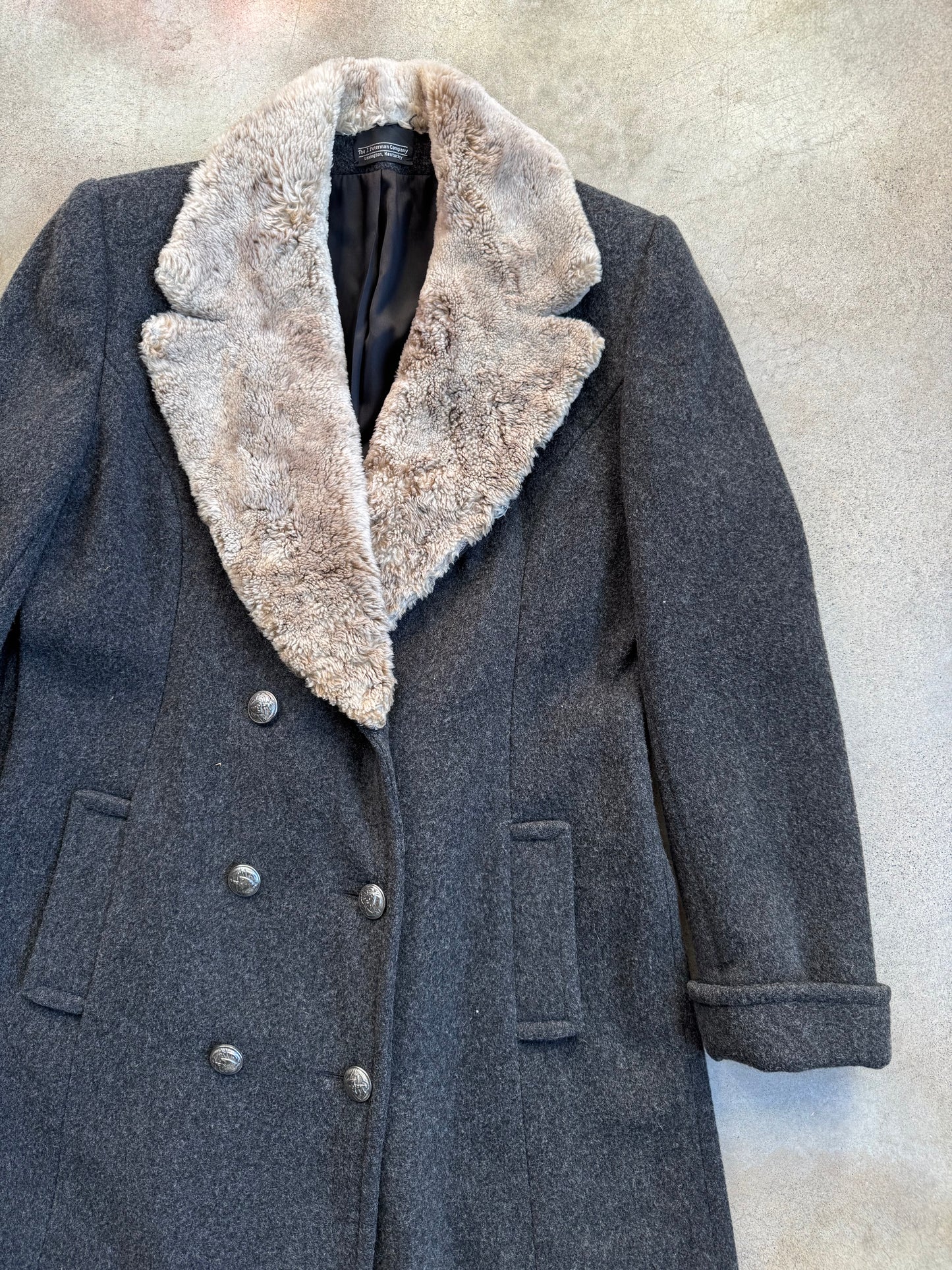 Vintage 1990s J. Peterman Grey Wool Faux Fur Collar Full-Length Coat | Medium