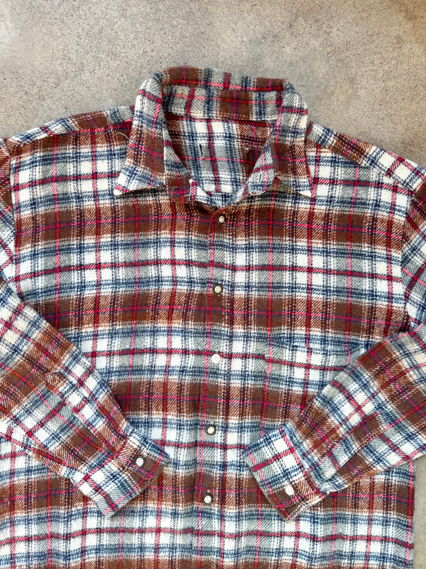 Vintage 1960s Brown & Blue Plaid Wool Flannel Shirt | Medium