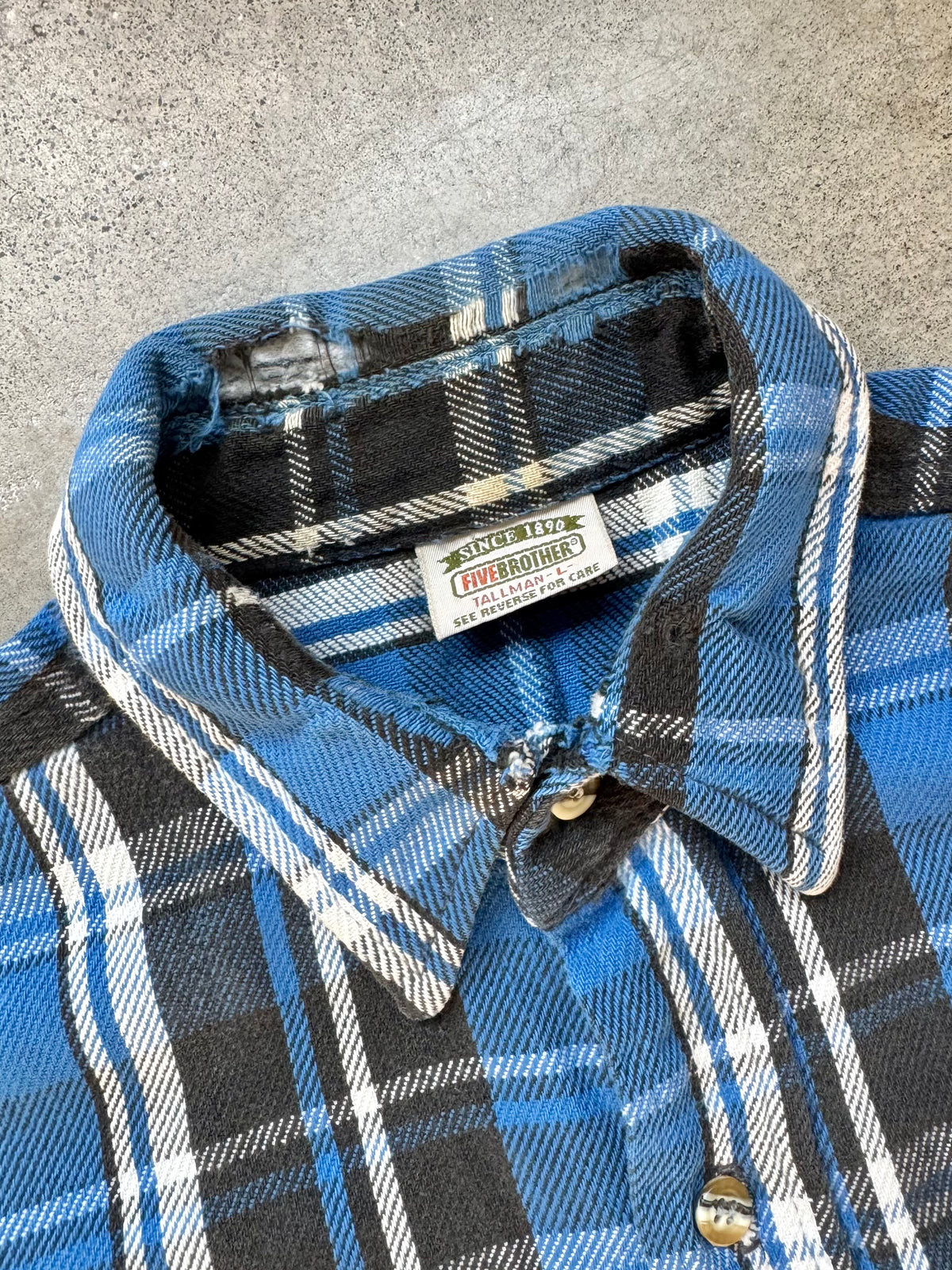Vintage 1990s Five Brother Distressed Blue Plaid Cotton Flannel Shirt | Large