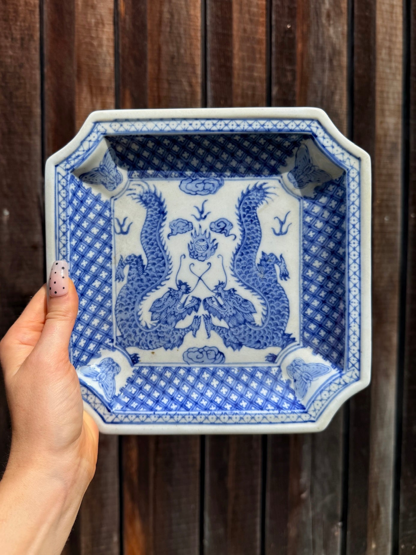 Vintage 1970s Blue & White Porcelain Twin Dragons Decorative Plate