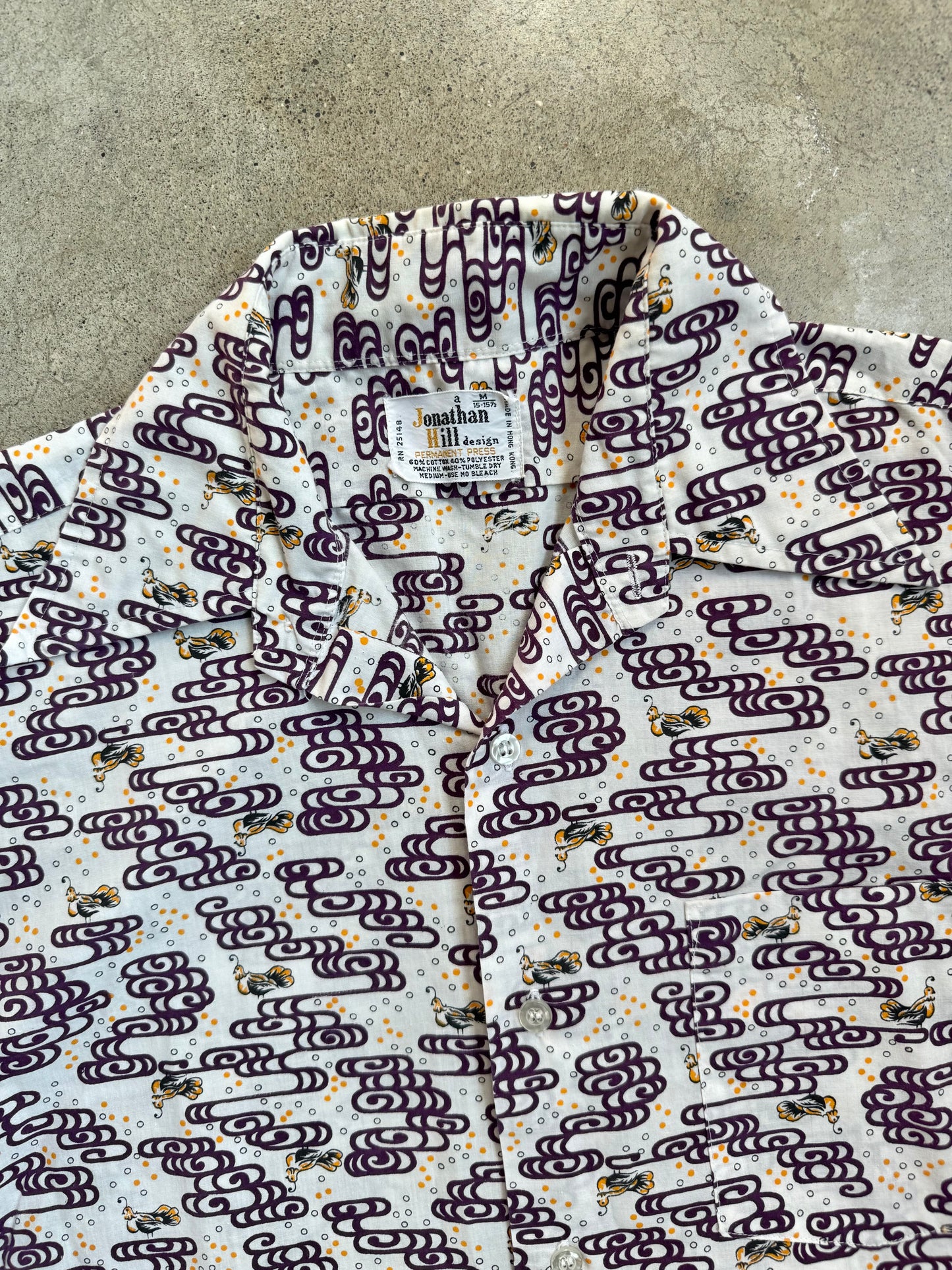 Vintage 1960s Jonathan Hill Bird Pattern Short Sleeve Shirt | Medium