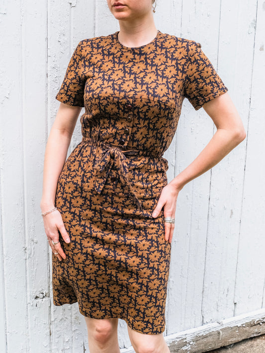 Vintage 1940s Black & Brown Floral Pattern Short Sleeve Tie-Waist Dress | XS