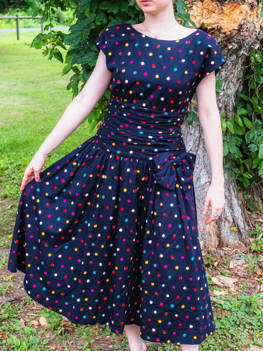 Vintage 1980s Patty O'Neil Black Multi-Color Polka Dot Swing Dress | M/L