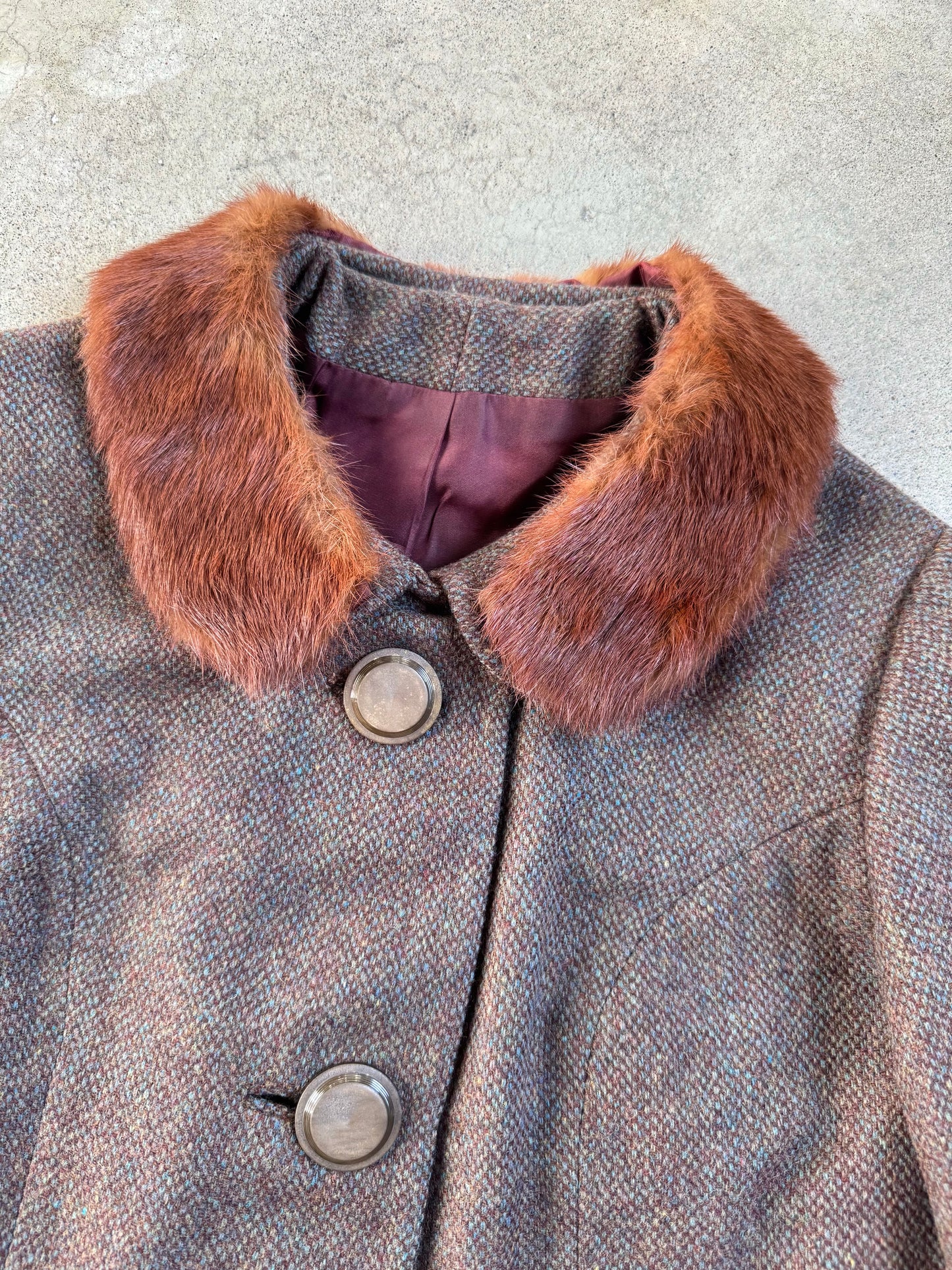 Vintage 1950s/60s Brown Wool Skirt Suit w/ Genuine Fur Collar | XS