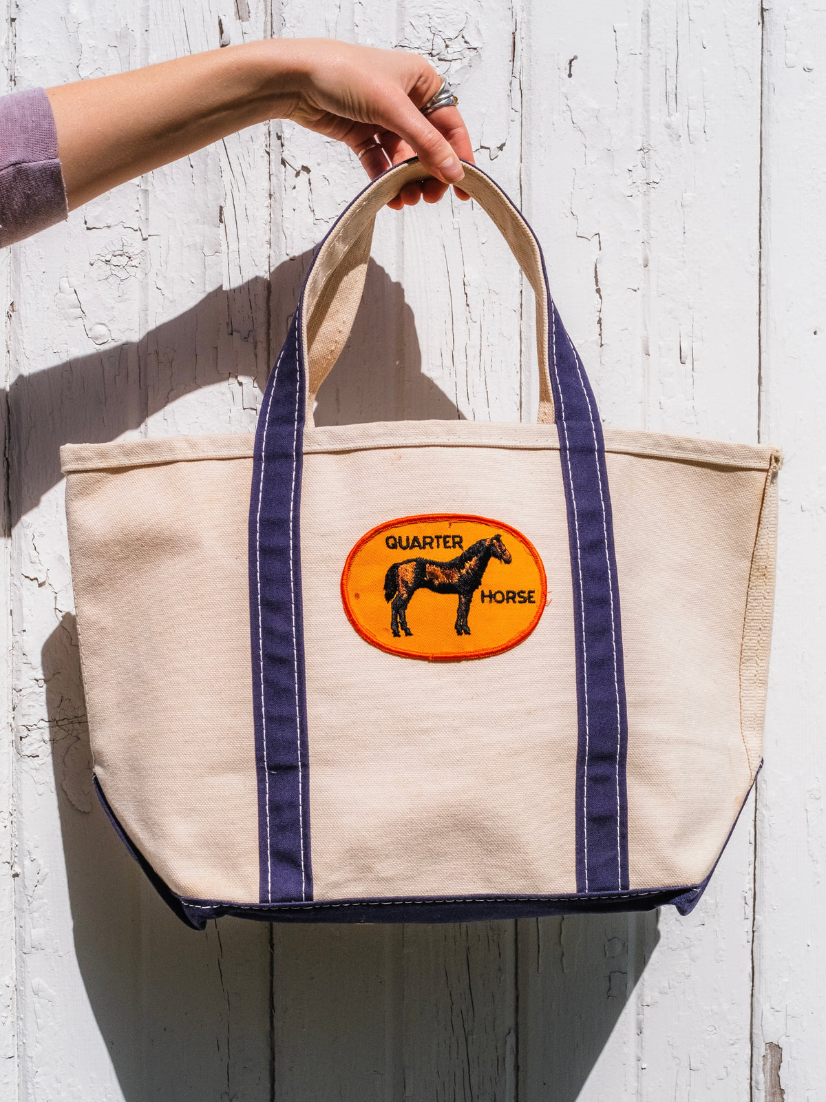 Vintage L.L. Bean Canvas Navy Trim Boat & Tote Bag w/ Quarter Horse Patch