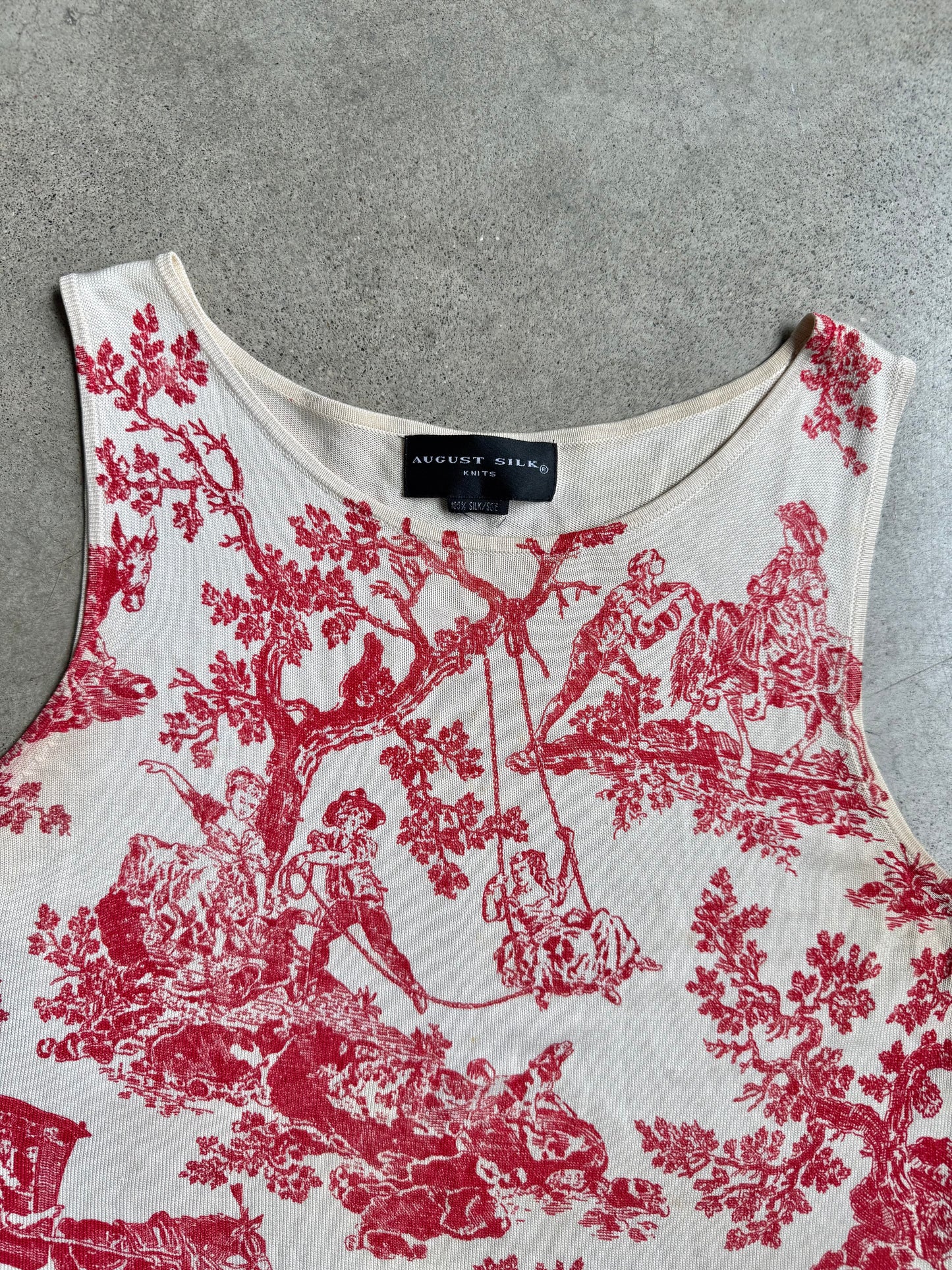 Vintage 1990s August Silk Red & Cream Toile Print 100% Silk Knit Tank Top | Medium