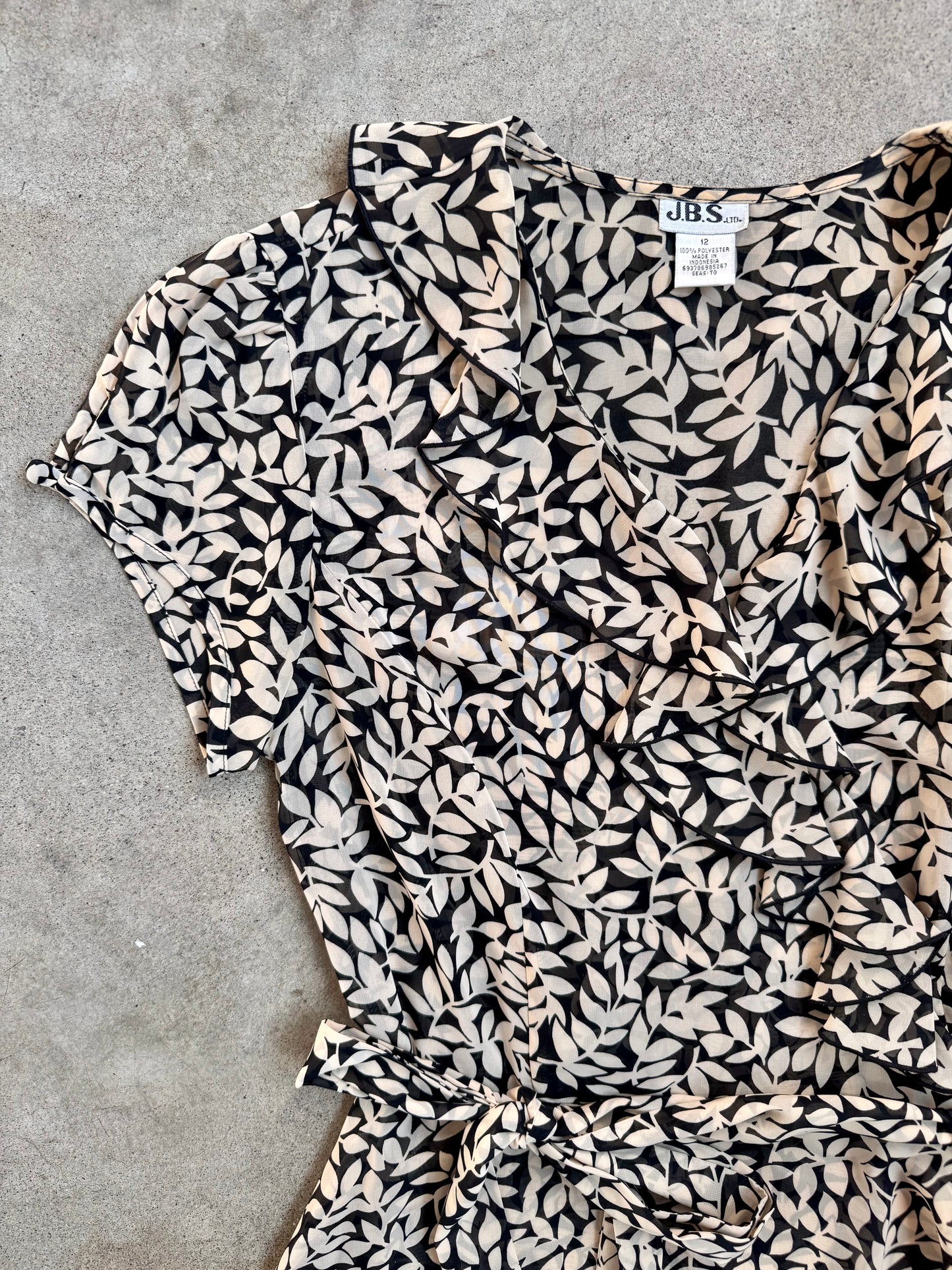 Vintage 1990s J.B.S. Black & Cream Floral Ruffle Trim Tie-Waist Dress | M/L