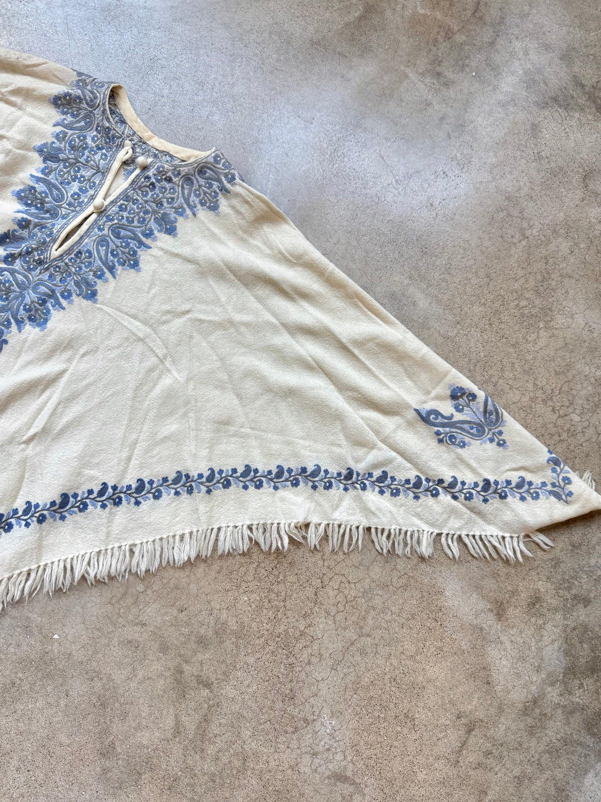 Vintage Cream & Blue Kashmiri Embroidered Wool Fringe Poncho | One Size