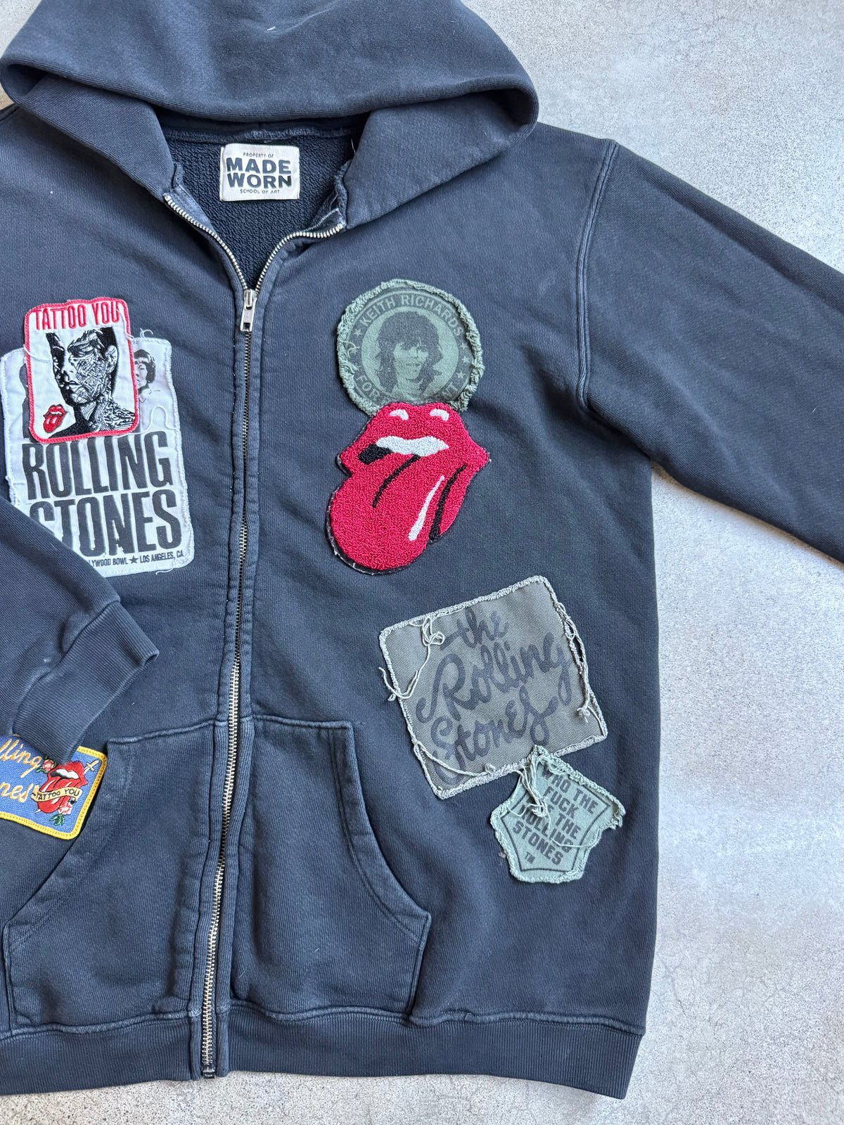 Made Worn Rolling Stones Patched Black Cotton Zip-Up Hoodie | Medium