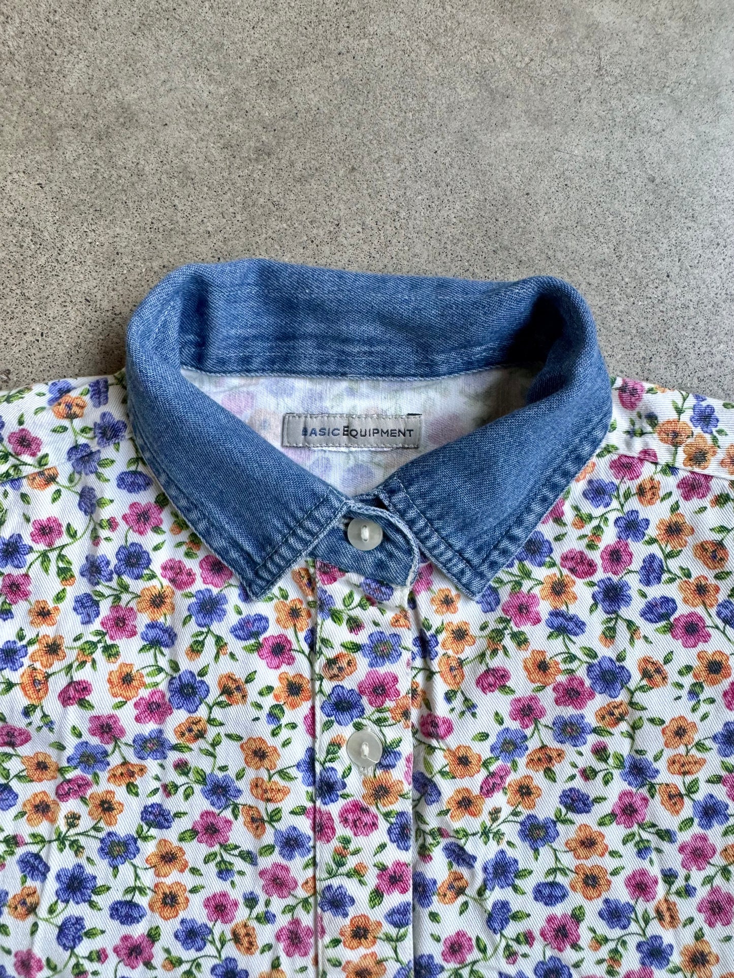 Vintage 1990s Basic Equipment Denim Collar Floral Printed Shirt | XS/S
