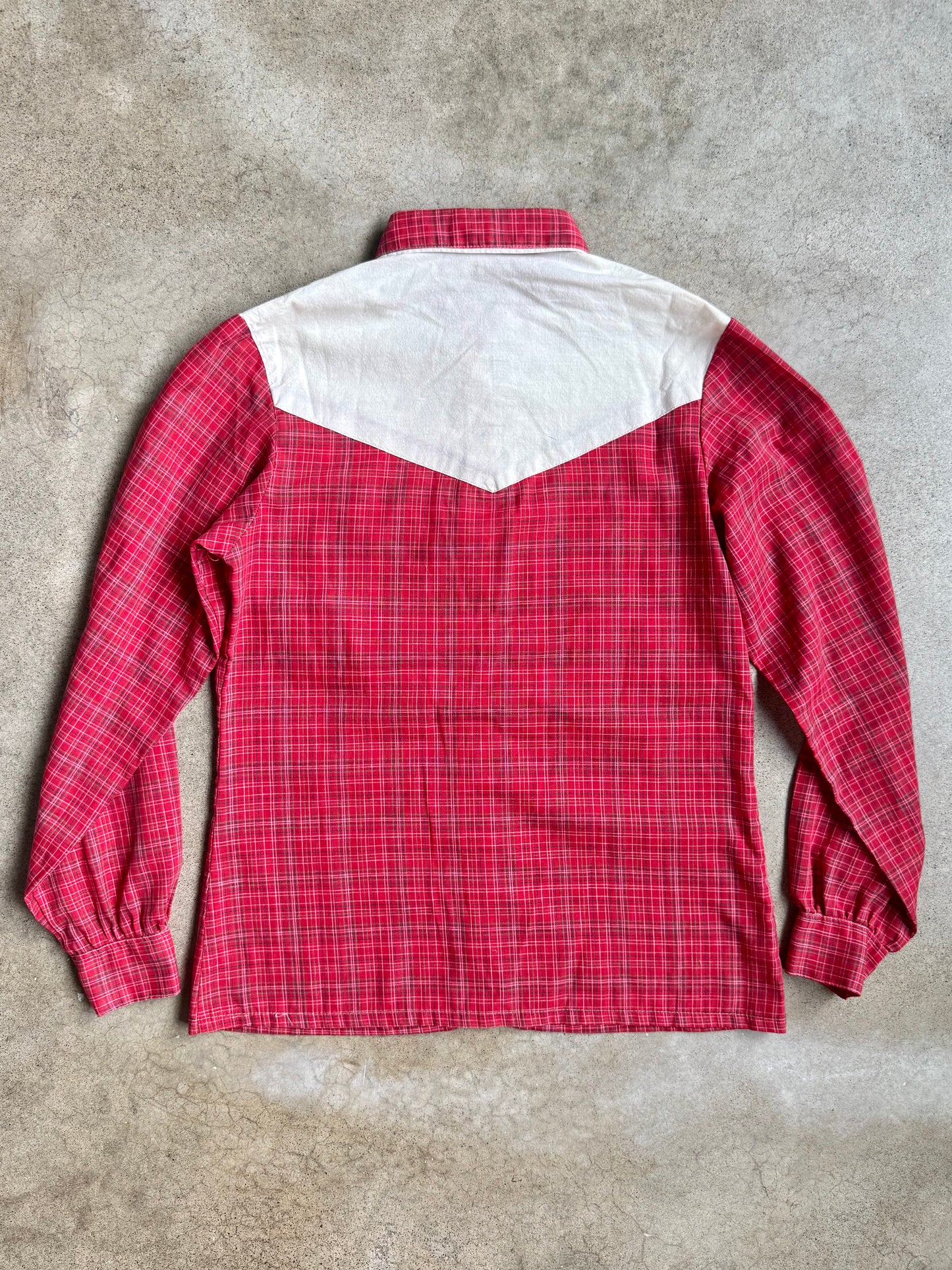Vintage 1970s Vision Cream & Red Plaid Western Pearl Snap Shirt | Small