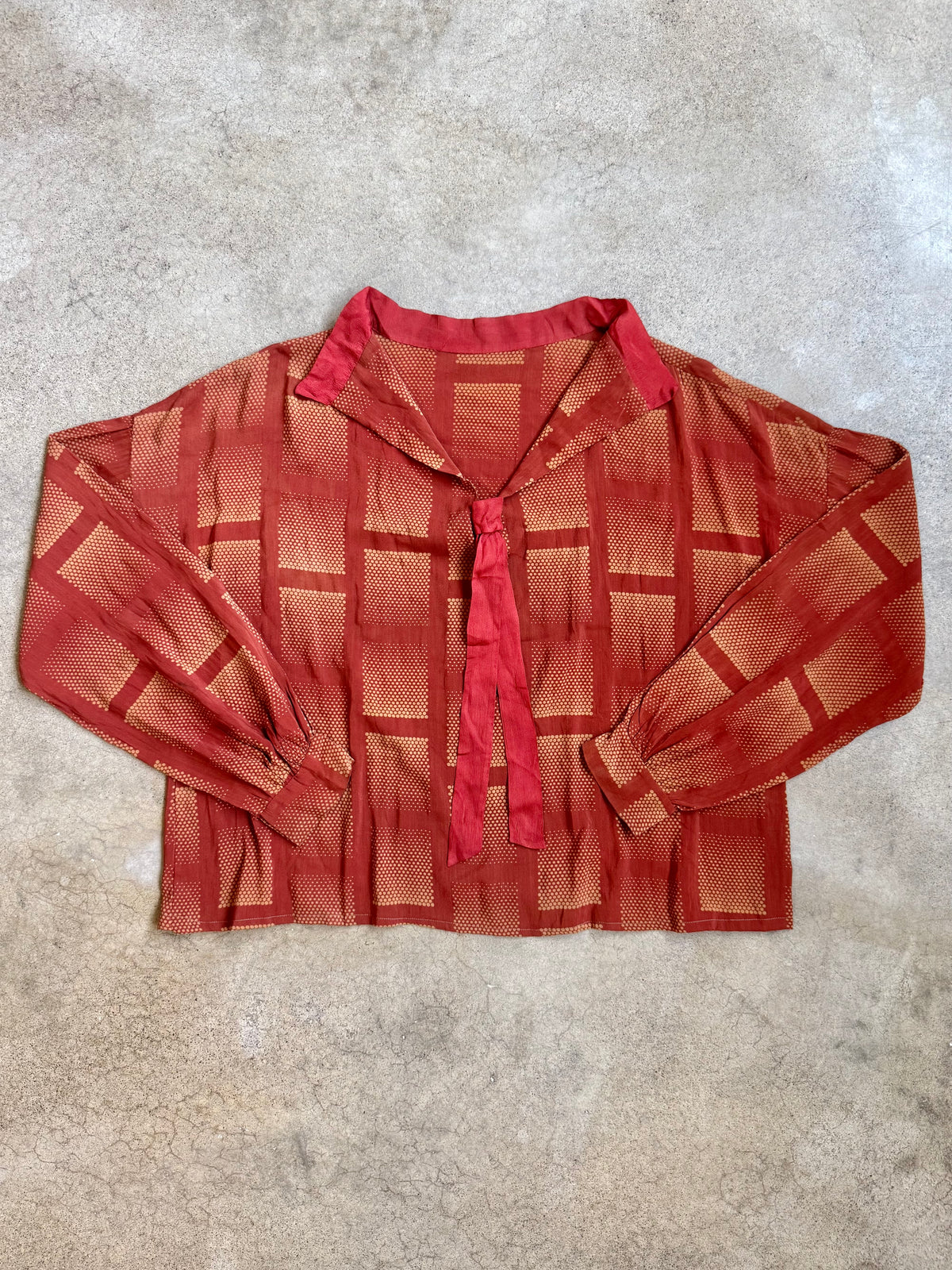 Antique 1930’s Burnt Orange Geometric Dotted Silk Neck Tie Blouse | Medium