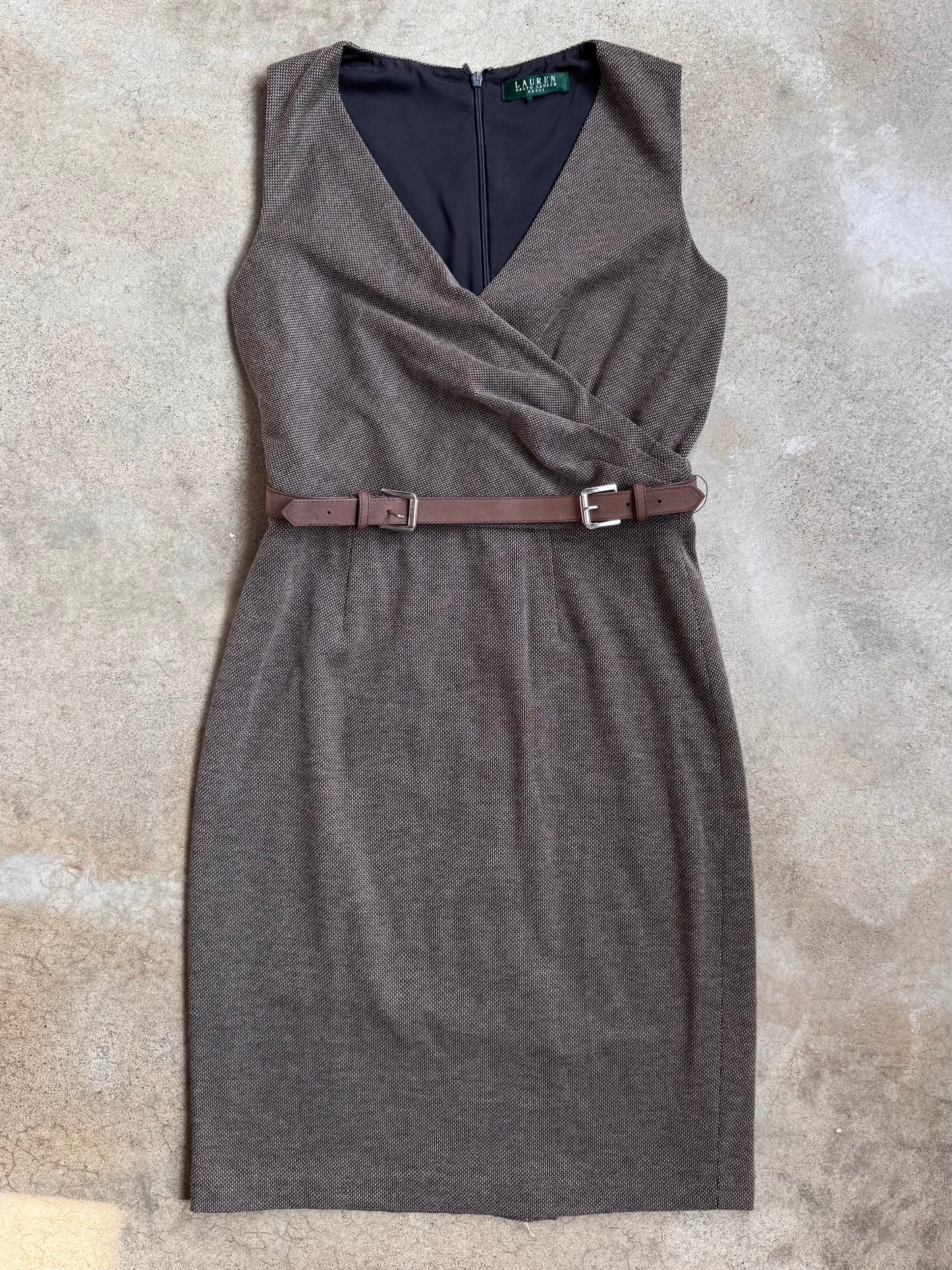 Vintage 1990s Lauren Ralph Lauren Brown Knit V-Neck Belted Dress | Small