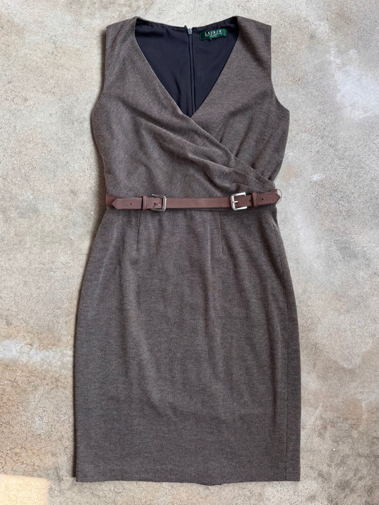 Vintage 1990s Lauren Ralph Lauren Brown Knit V-Neck Belted Dress | Small