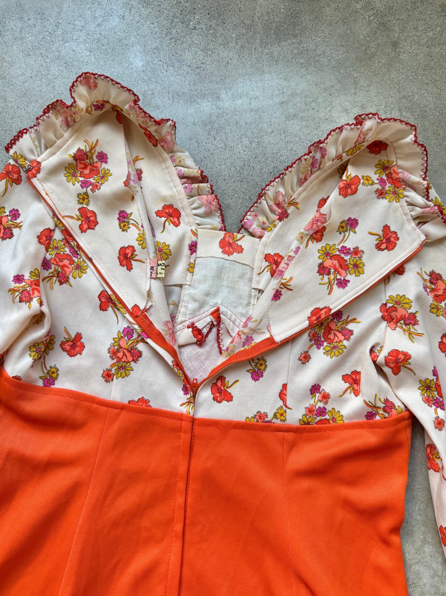 Vintage 1970s Orange Floral Print Long Sleeve Dress | Large