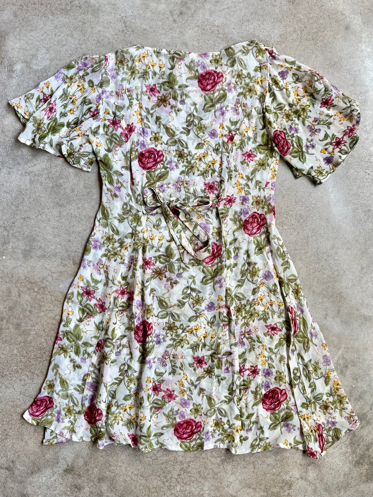 Vintage 1980s Sheer Floral Print Tie-Back Flutter Sleeve Summer Dress | M/L