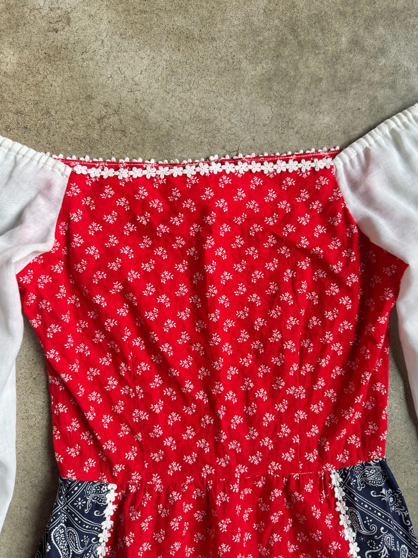 Vintage 1970s Herman Marcus Red & Blue Bandana Floral Prairie Dress | Small