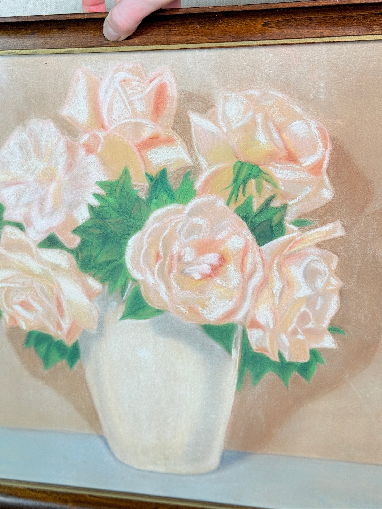 Vintage 1940s Wood Framed Peach Colored Roses Still Life Artwork