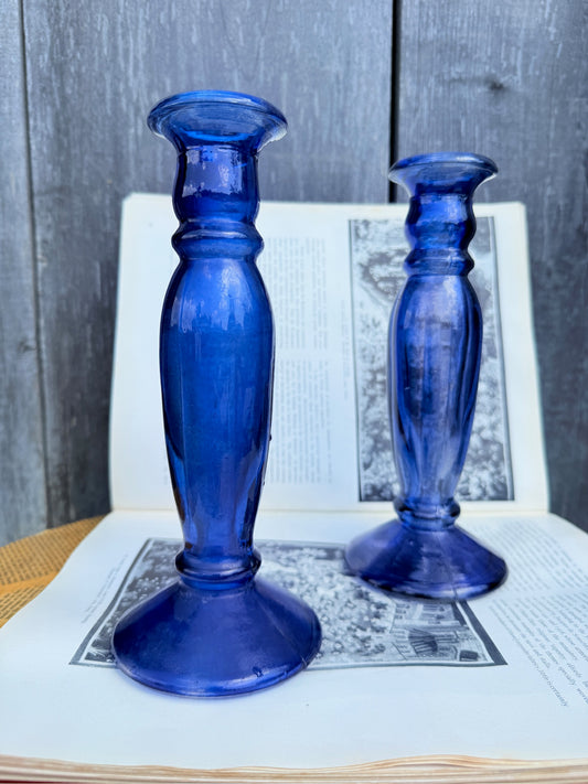Vintage 1960s Cobalt Blue Blown Glass Candleholders | Set of 2