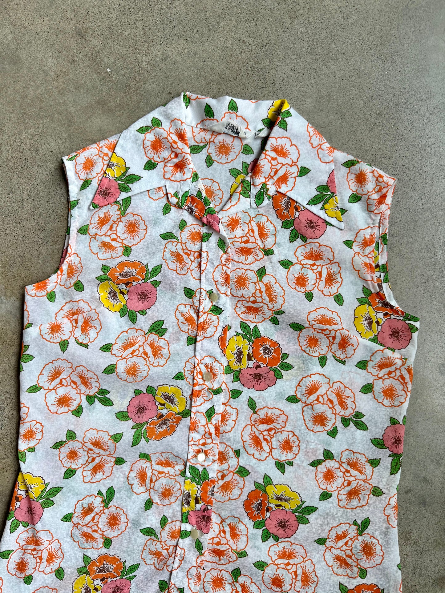Vintage 1970s Miss Holly Multi-Color Floral Print Sleeveless Blouse | Medium