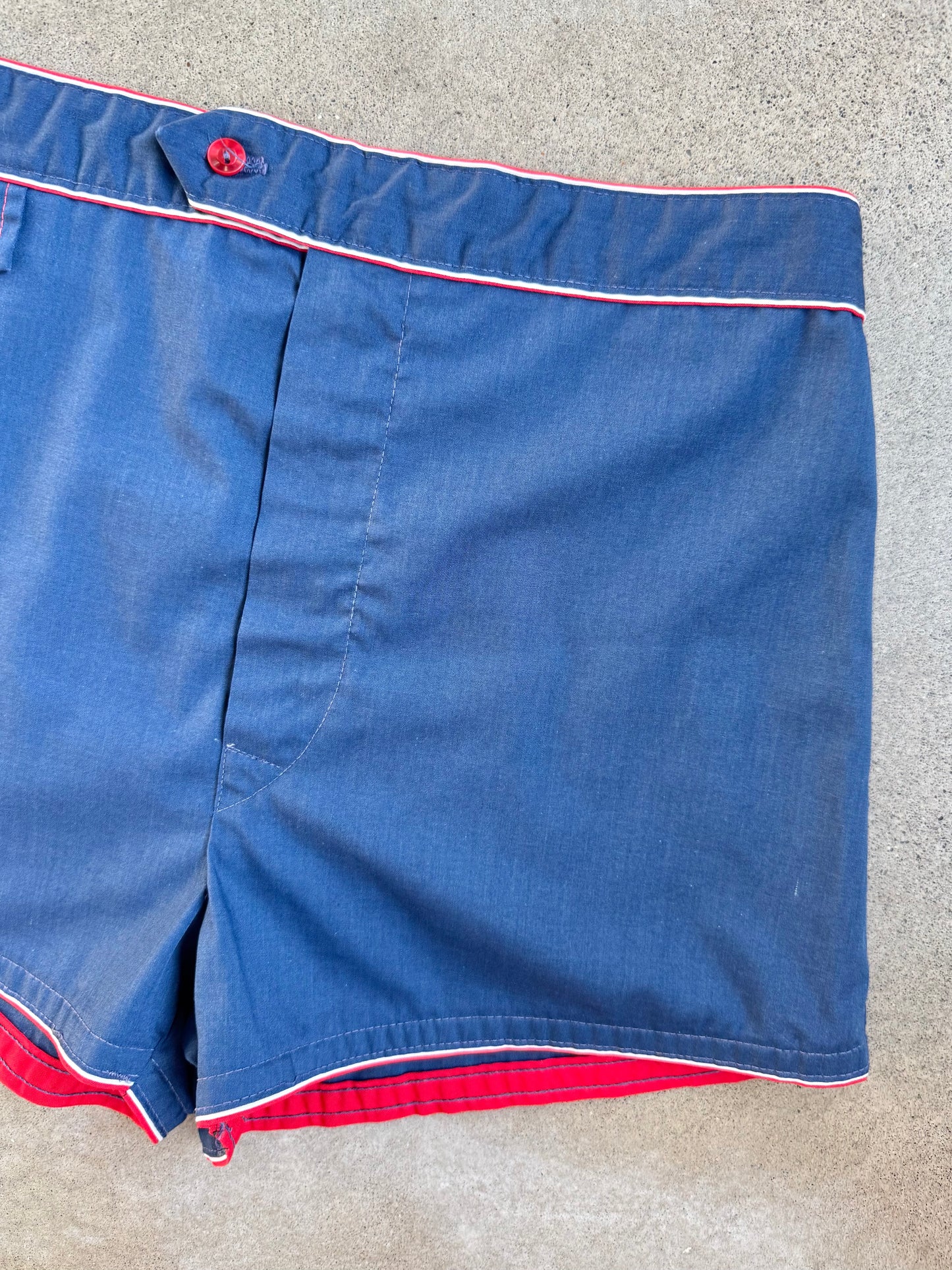 Vintage 1960s Navy Blue & Red Swim Shorts | Large