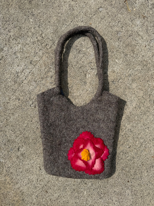 Vintage 1990s Wool Felted Peony Floral Shoulder Bag