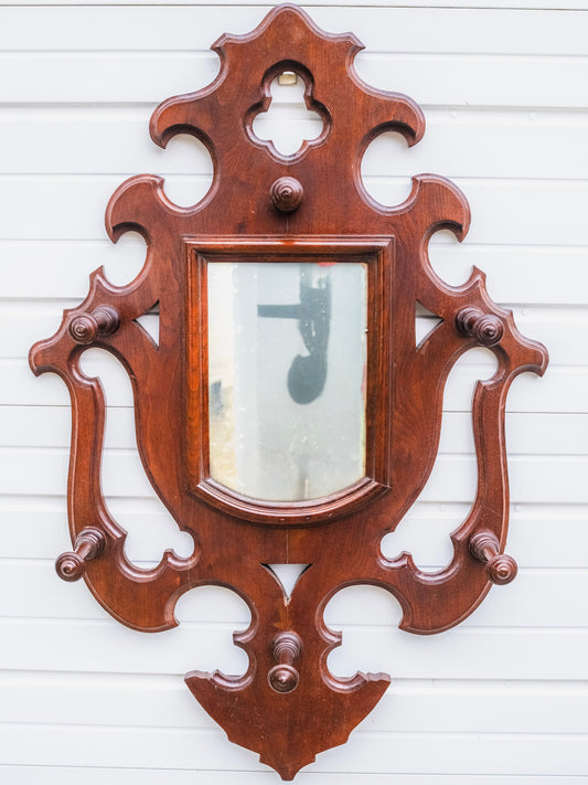 Antique 1800s Victorian Gothic Revival Walnut Hanging Mirror Hat Rack