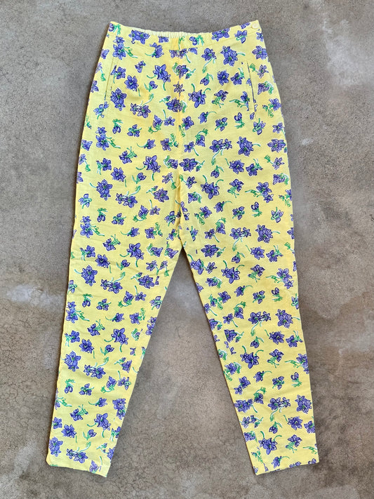 Vintage 1990s Lilly Pulitzer Yellow & Purple Floral High-Waisted Linen Pants | 8
