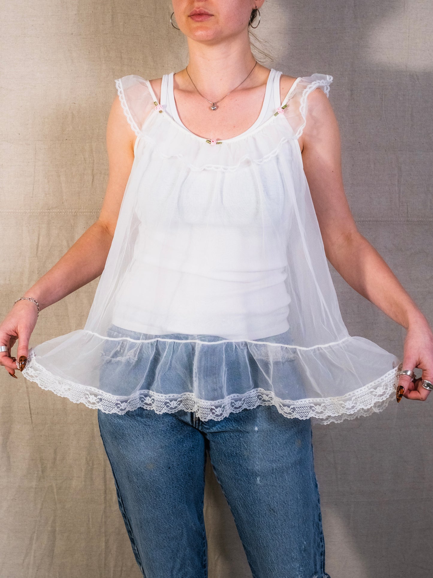 Vintage 1980s Quiet Moments Sheer Frilled Babydoll Top | Large