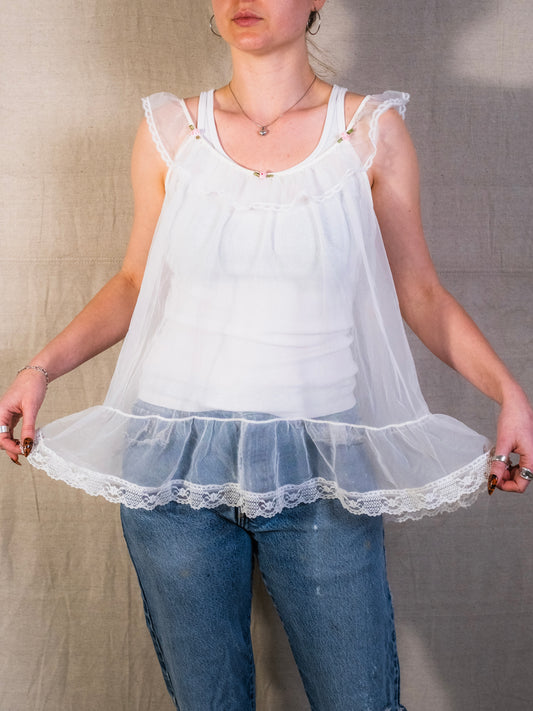 Vintage 1980s Quiet Moments Sheer Frilled Babydoll Top | Large
