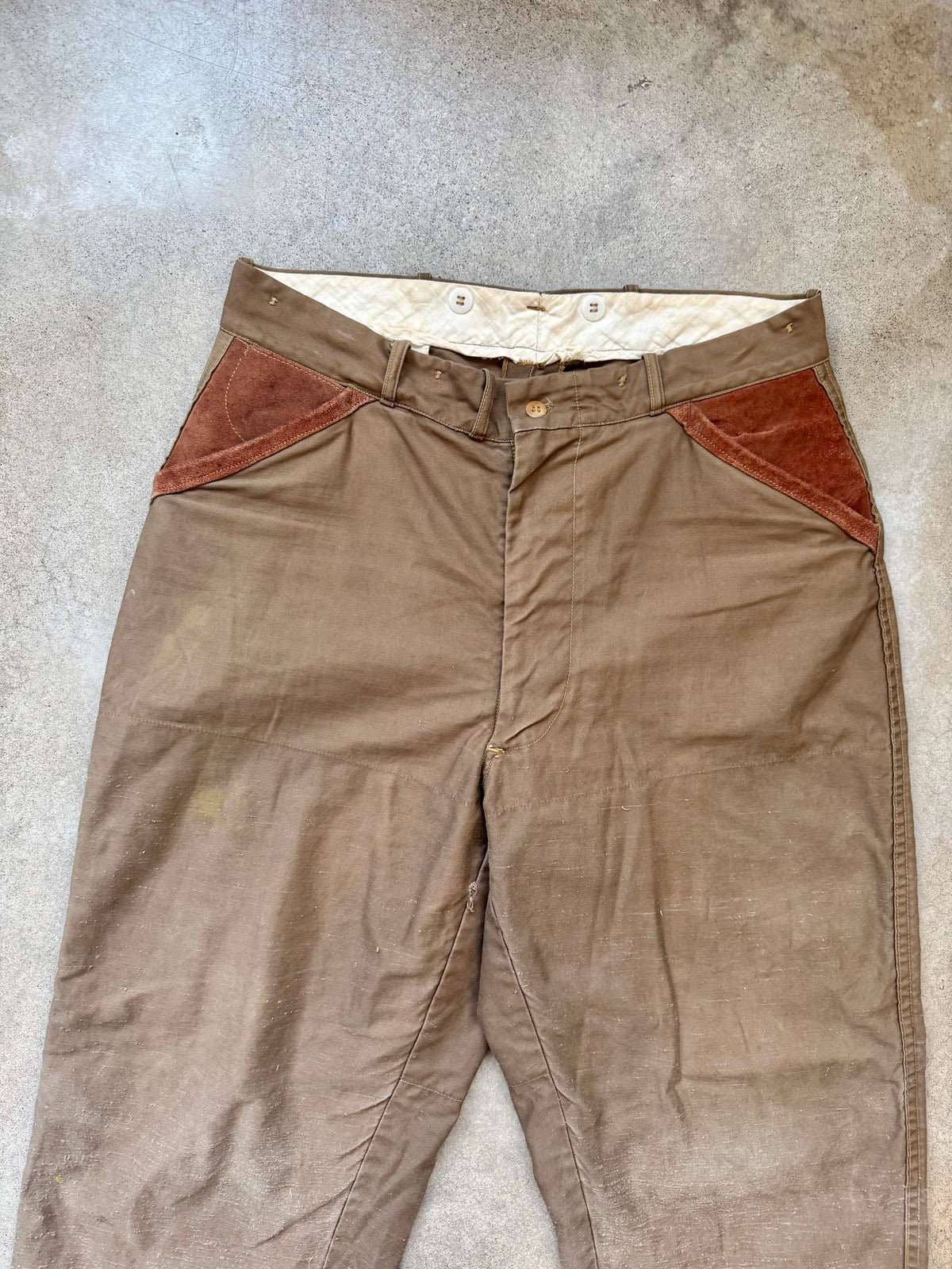 Vintage 1950s American Field Sportswear Brown Cotton Twill & Suede Leather Hunting Pants | Waist 36”