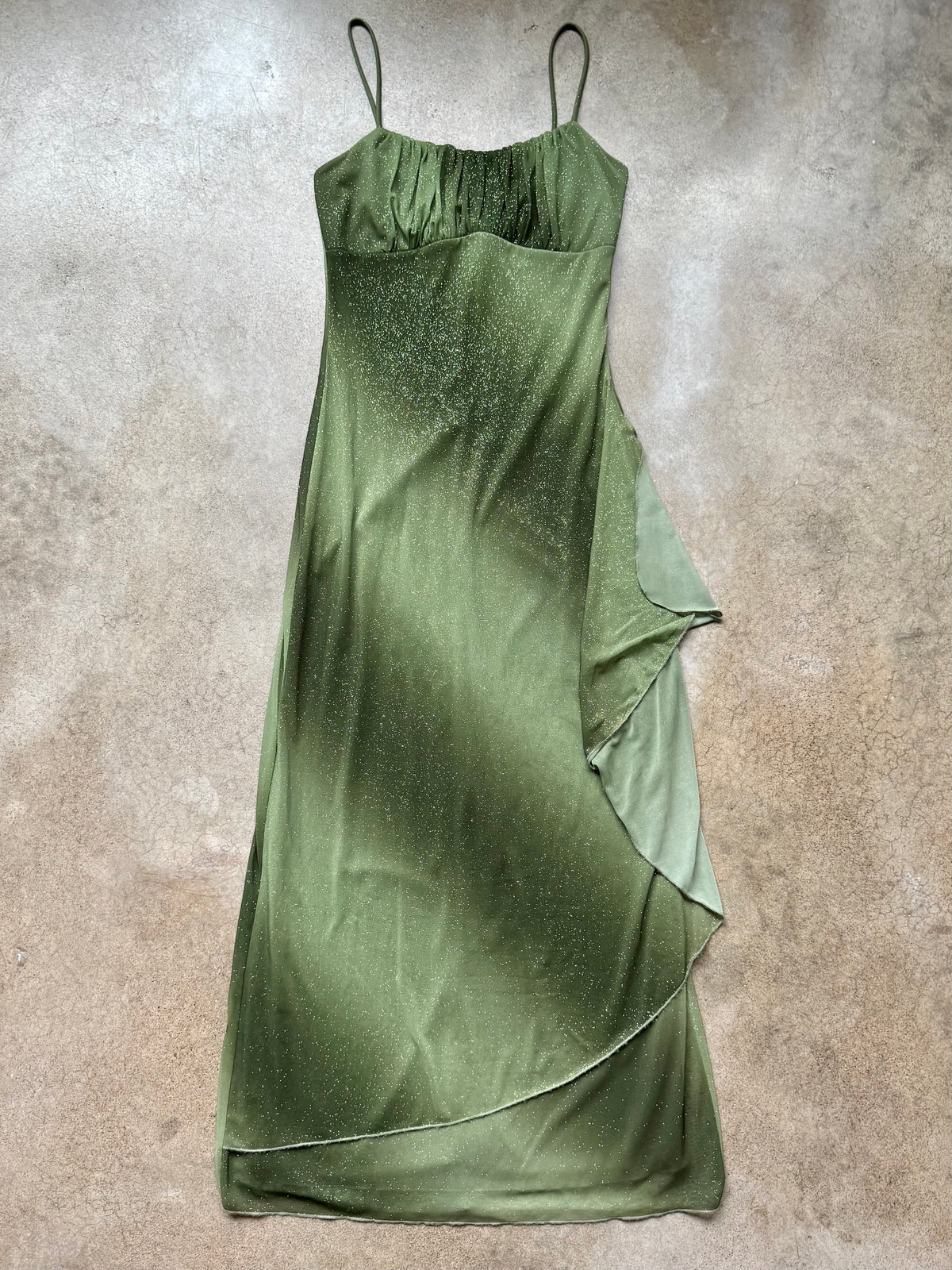 Vintage 1990s Taboo Green Sparkle Cascading Ruffle Maxi Dress | Medium