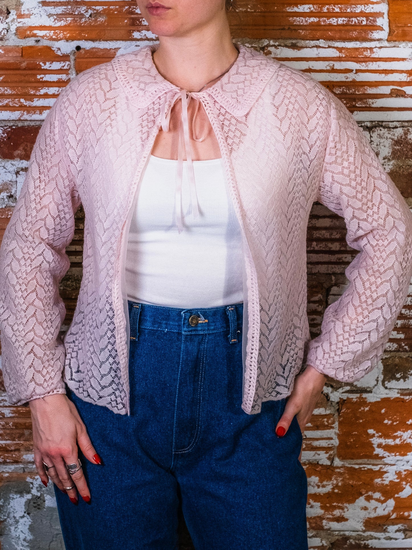 Vintage 1960s Baby Pink Knit Bed Jacket Cardigan | Small