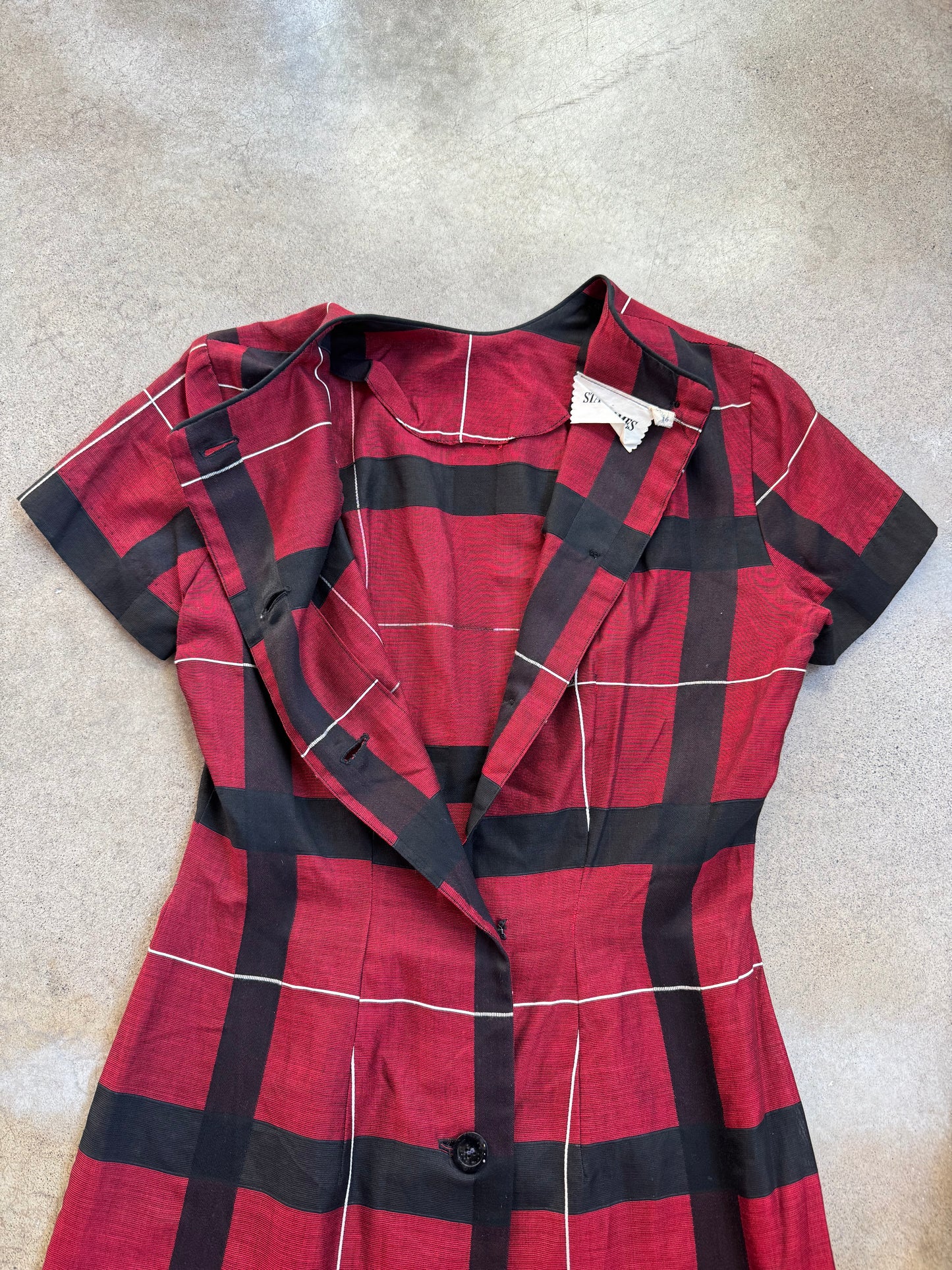 Vintage 1950s Stacey Ames Red Plaid Short Sleeve Mini Dress | S/M