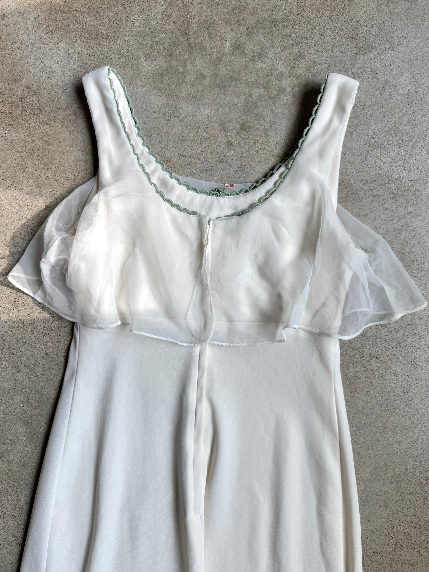 Vintage 1970s Handmade Cream Floral Embroidered Maxi Dress | Small