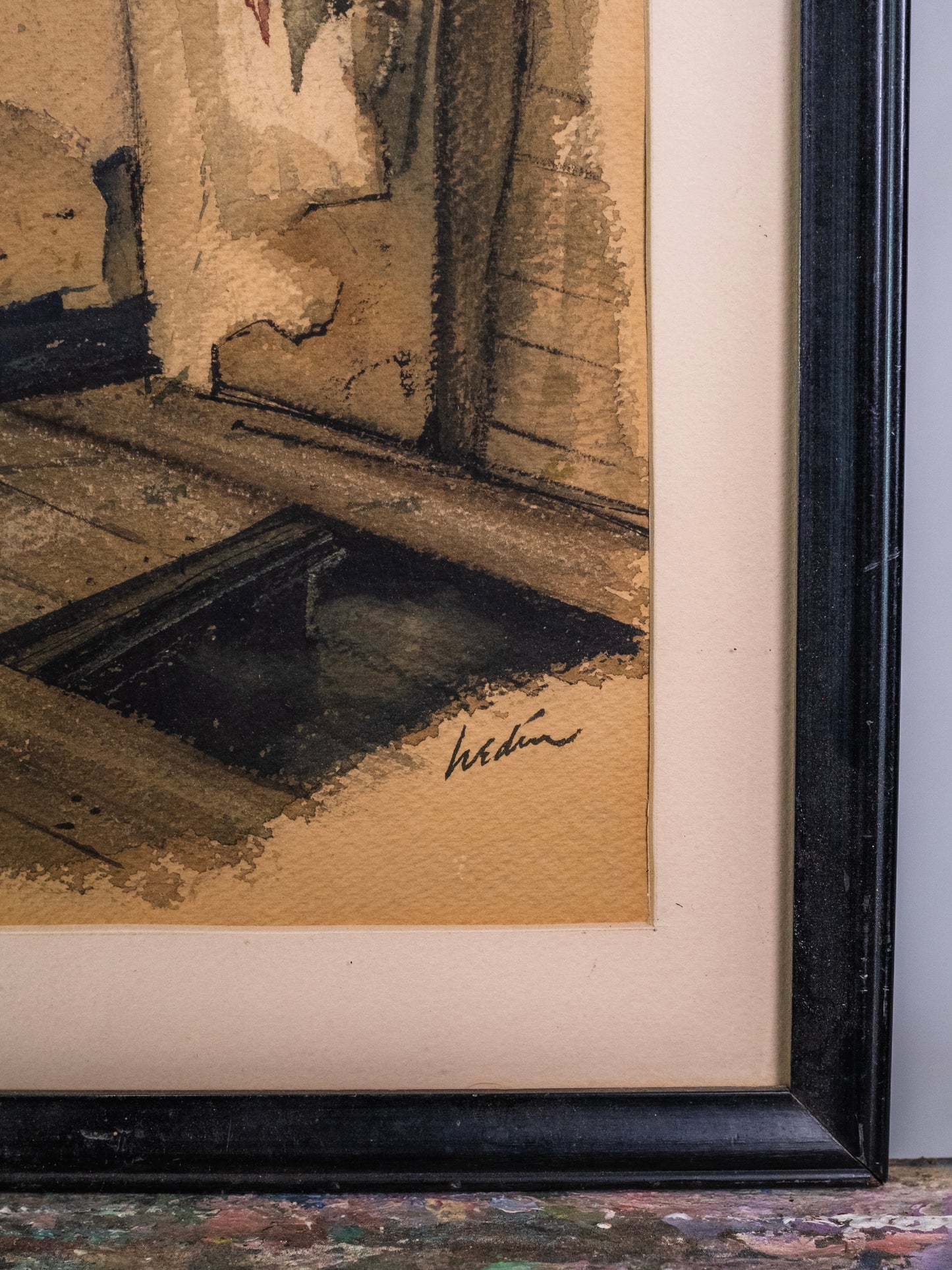 Vintage 1930s Framed & Signed Elof Wedin "Dark Room" Watercolor Art