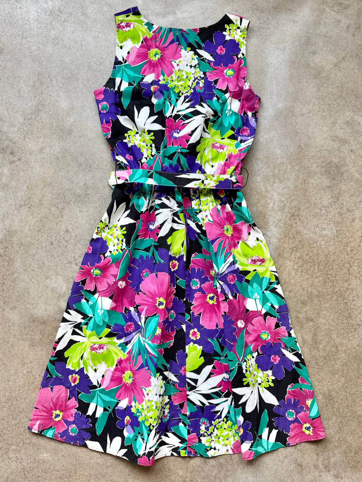 Vintage 1980s Kitty Koyle Bright Floral Belted Sleeveless Cotton Dress | Medium